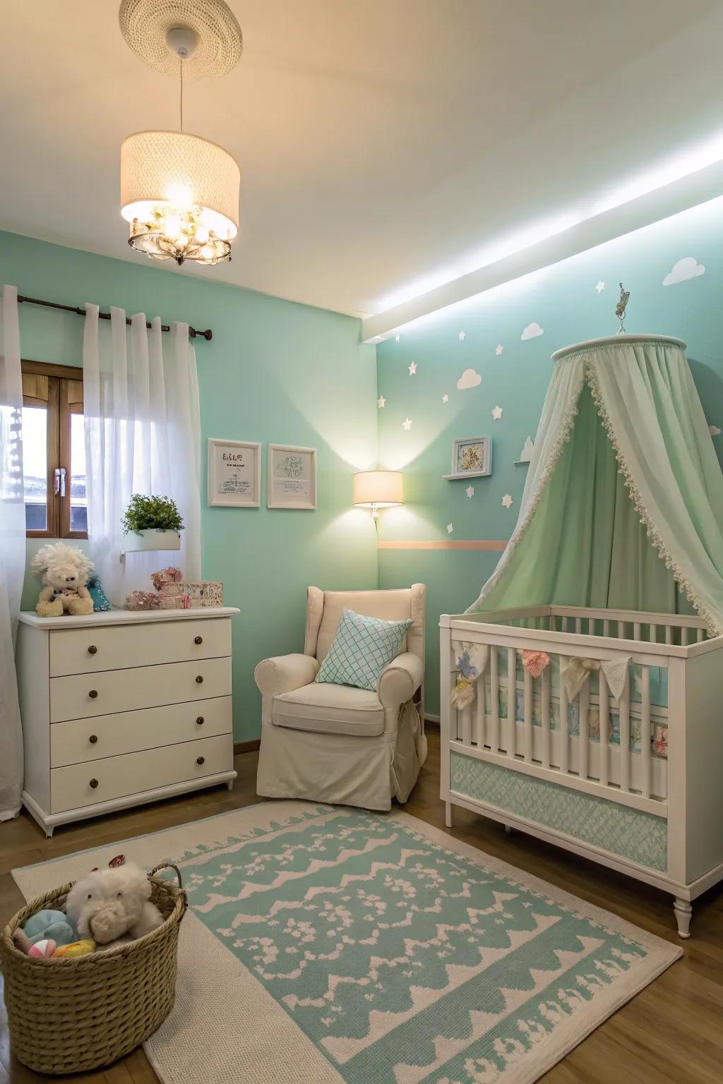 Pale, neutral colors construct a peaceful and soothing nursery setting.