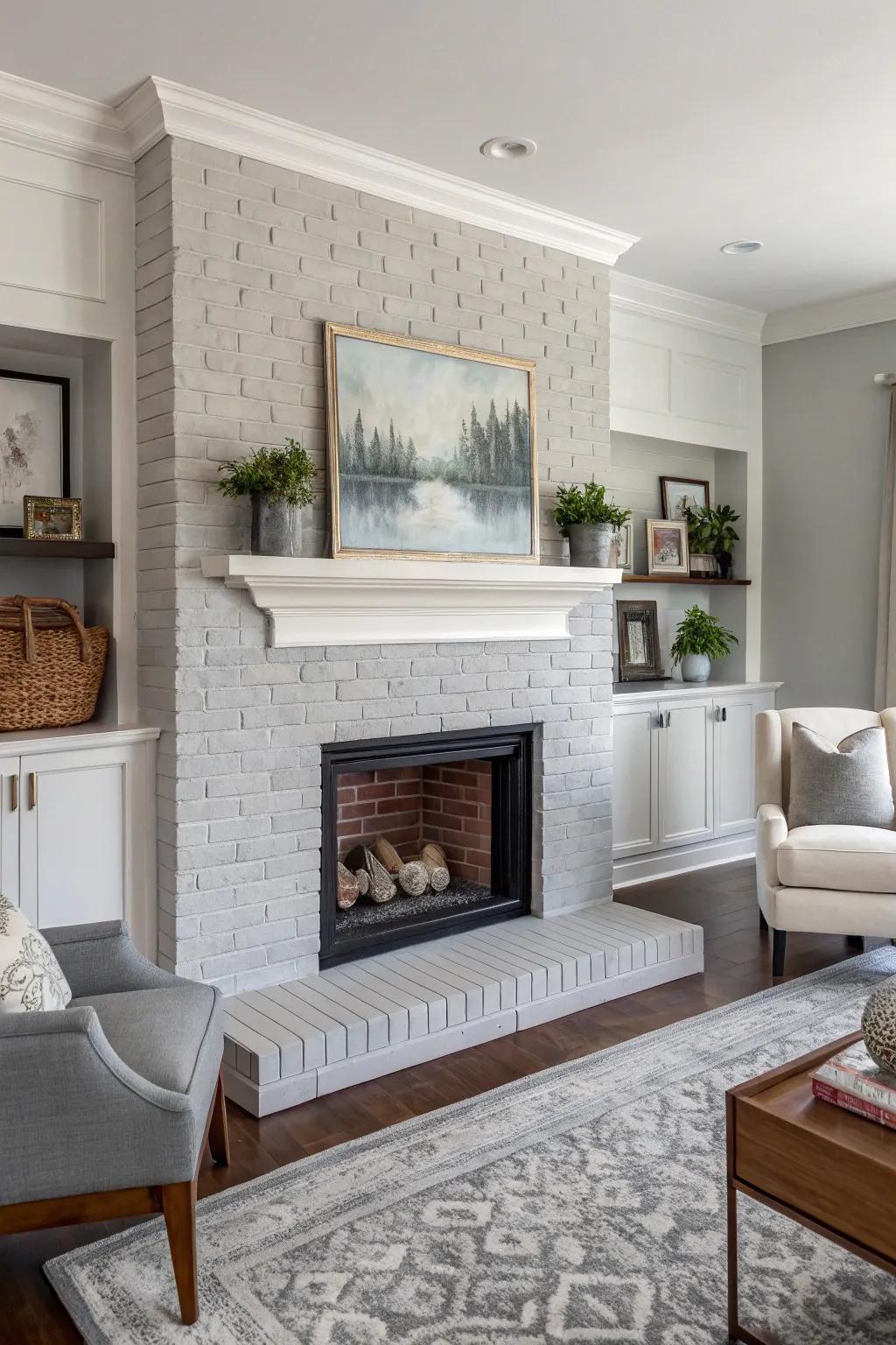 A fireplace painted soft gray for modern elegance.