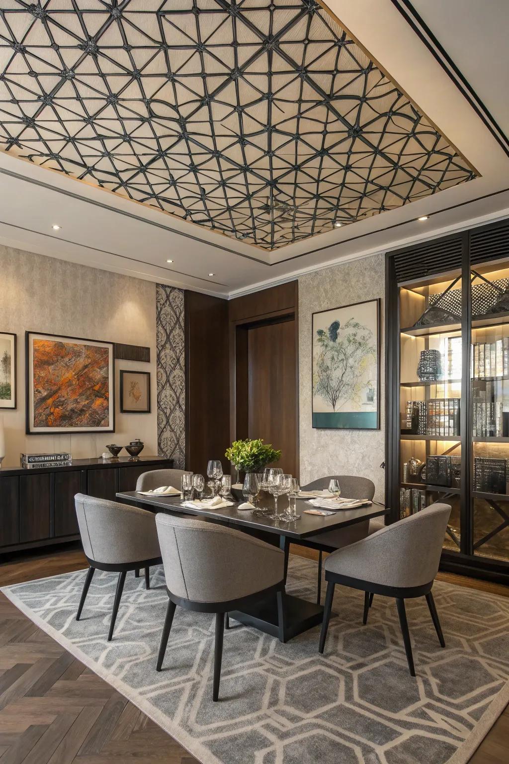 Geometric patterns contribute a modern flair to your overhead design.