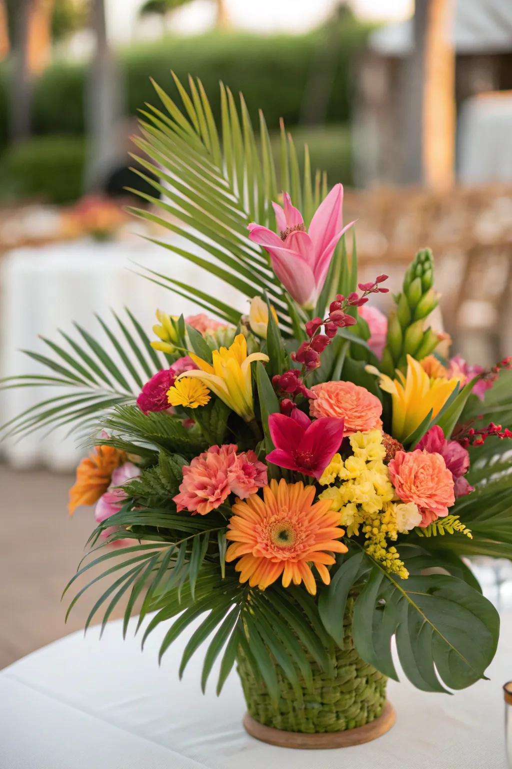 A vivid assortment of tropical florals and leafy fronds.