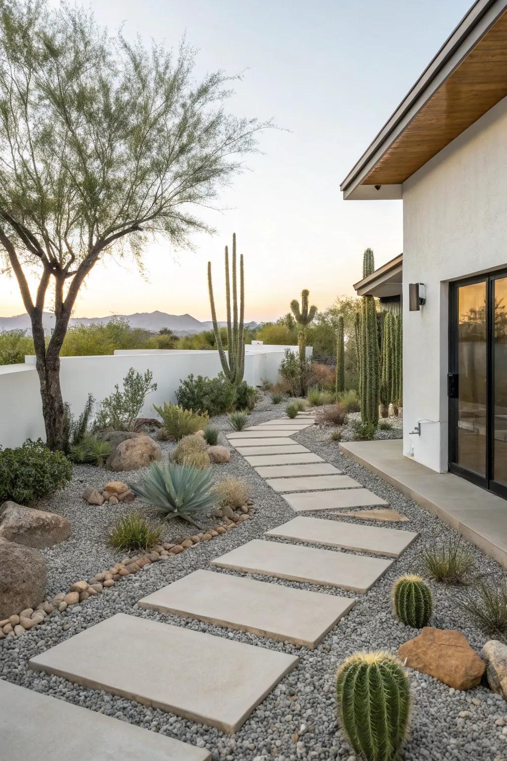 The gravel and stone aesthetic offers a refined and ecologically sound landscape solution.