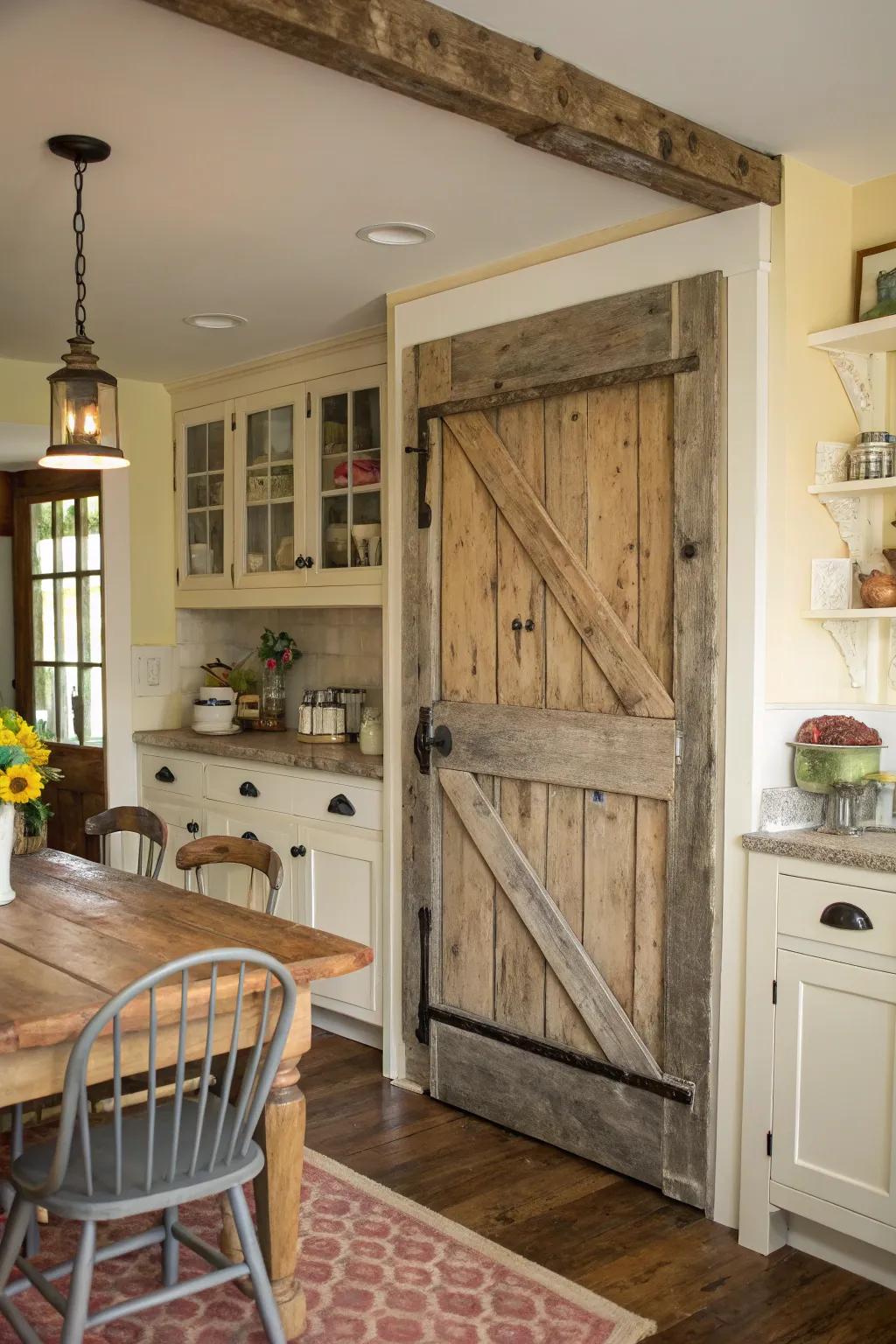 Rustic wood pantry doors add heat and character.