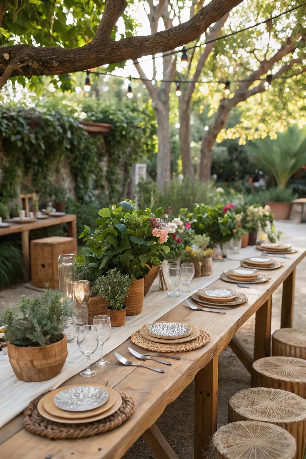 An inviting outdoor party table setting utilizing natural materials