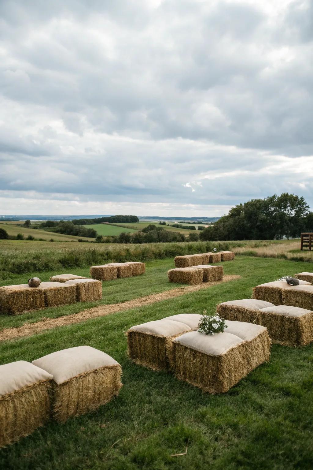 Straw bales arranged to provide seating in a field.