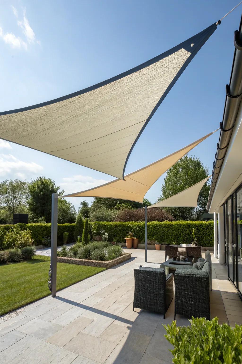 Sail shades provide a contemporary feel while delivering substantial shade.