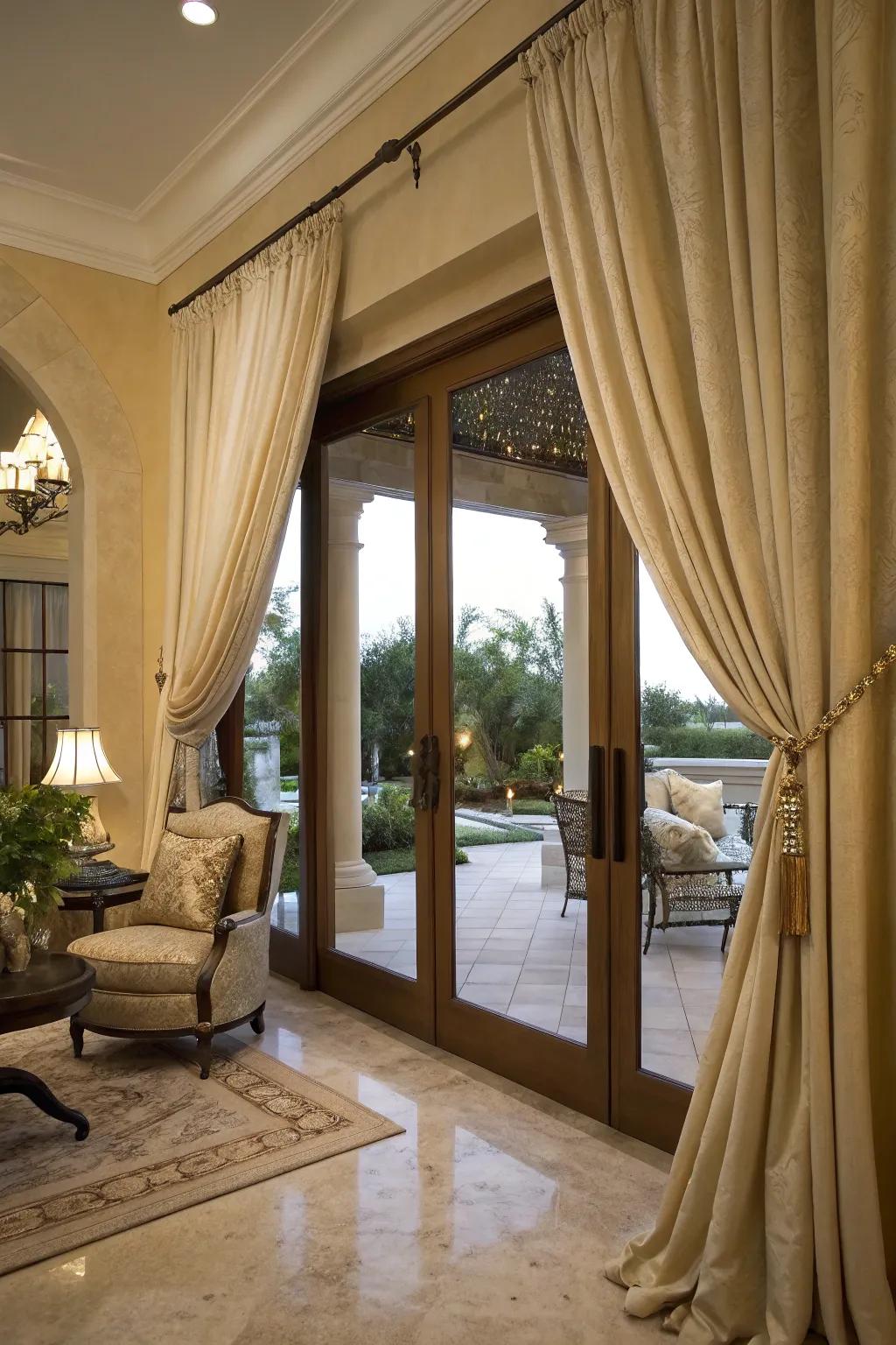 Full-length drapes add refinement and elegance to patio doors.