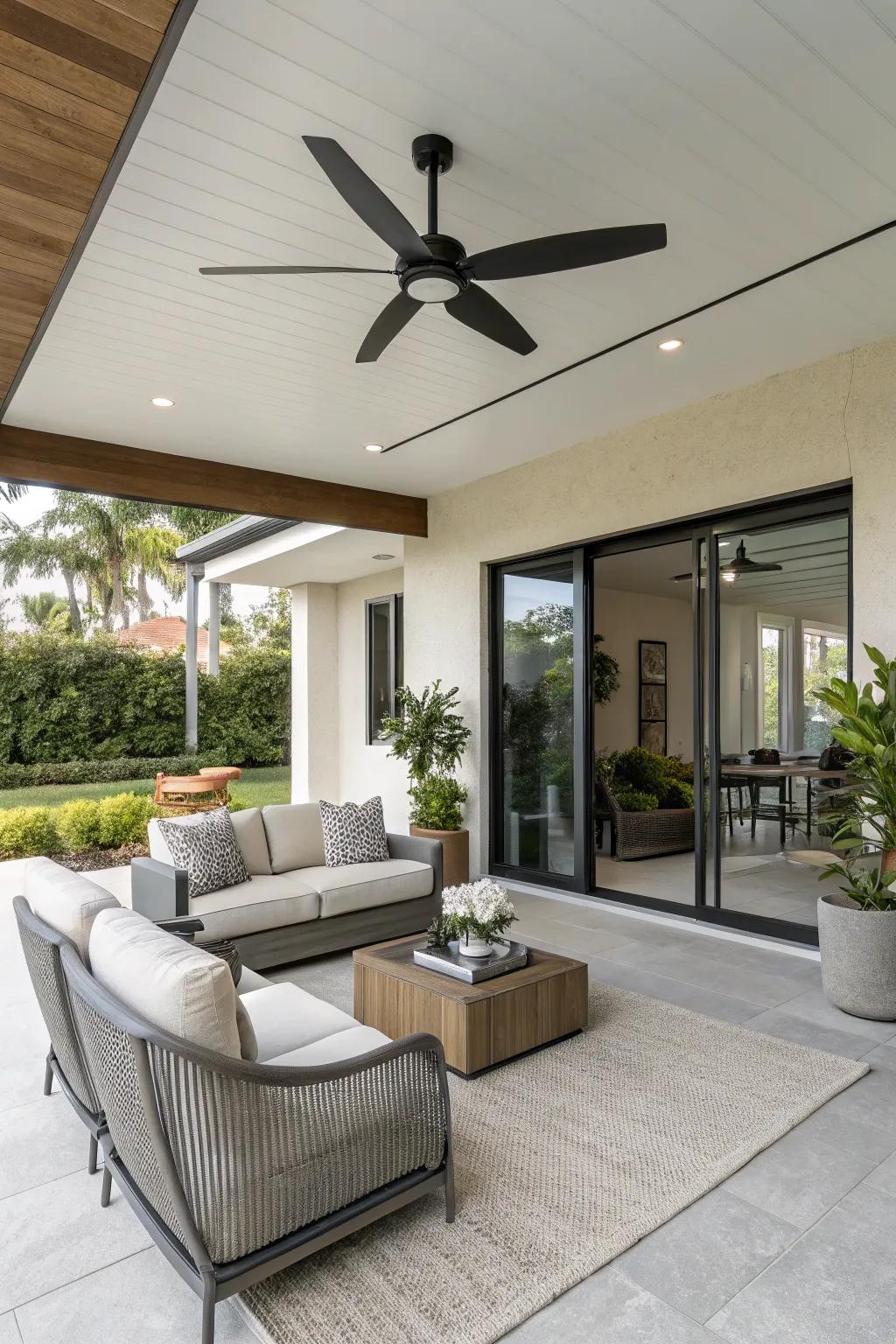 A contemporary patio featuring a sleek, minimalist ceiling fan.