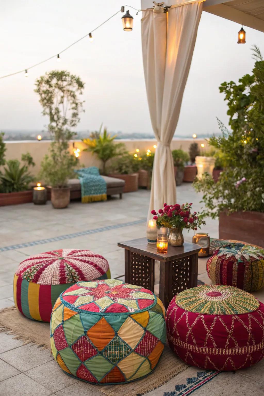 Poufs add flexibility and a pop of color to your patio setup.