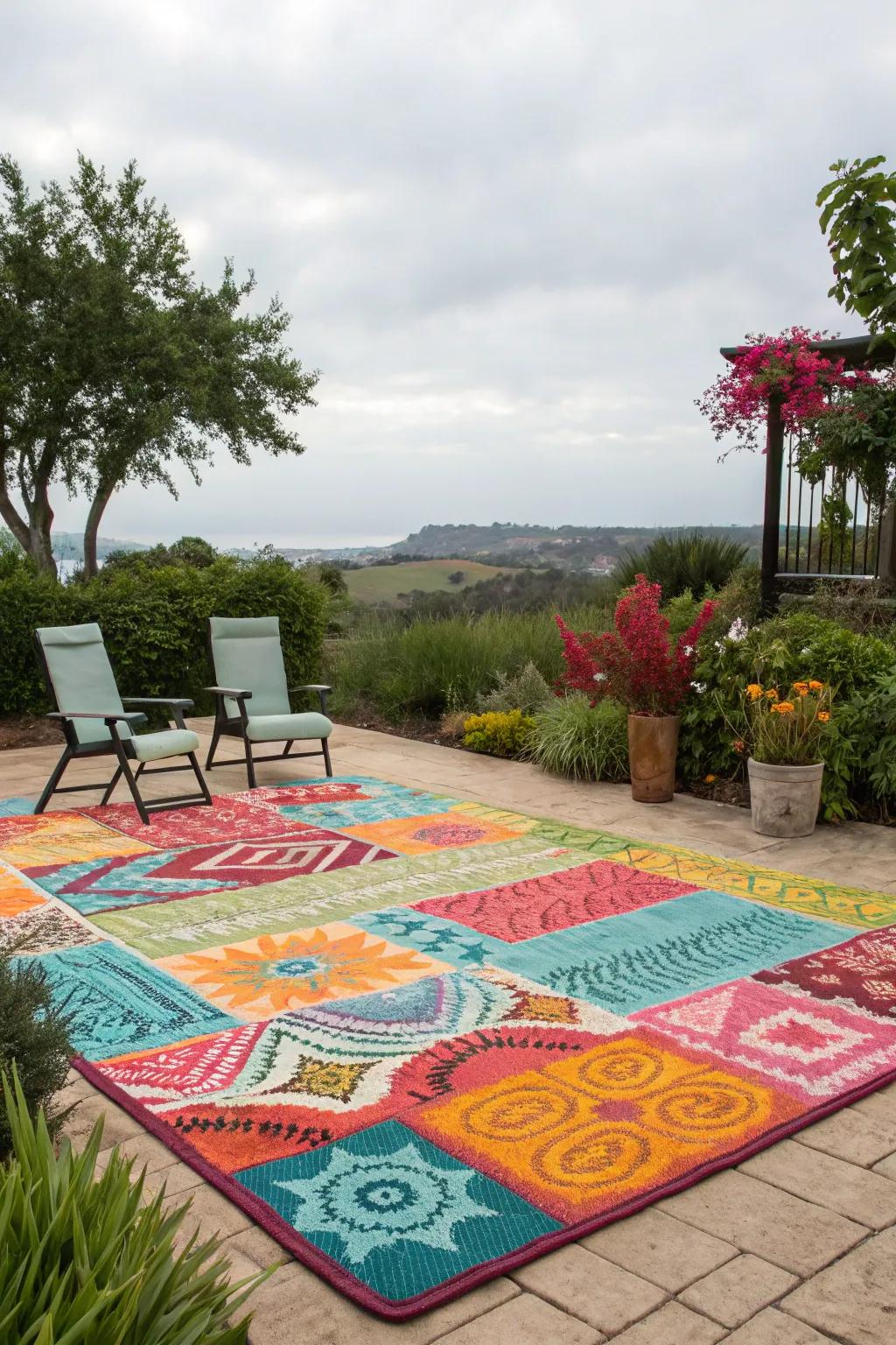 A colorful outdoor rug brightening up a simple patio seating area.