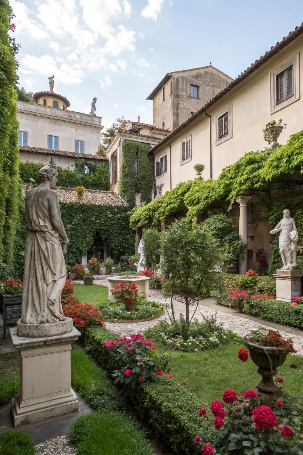 Traditional sculptures infuse artistic elegance into this Italian courtyard.