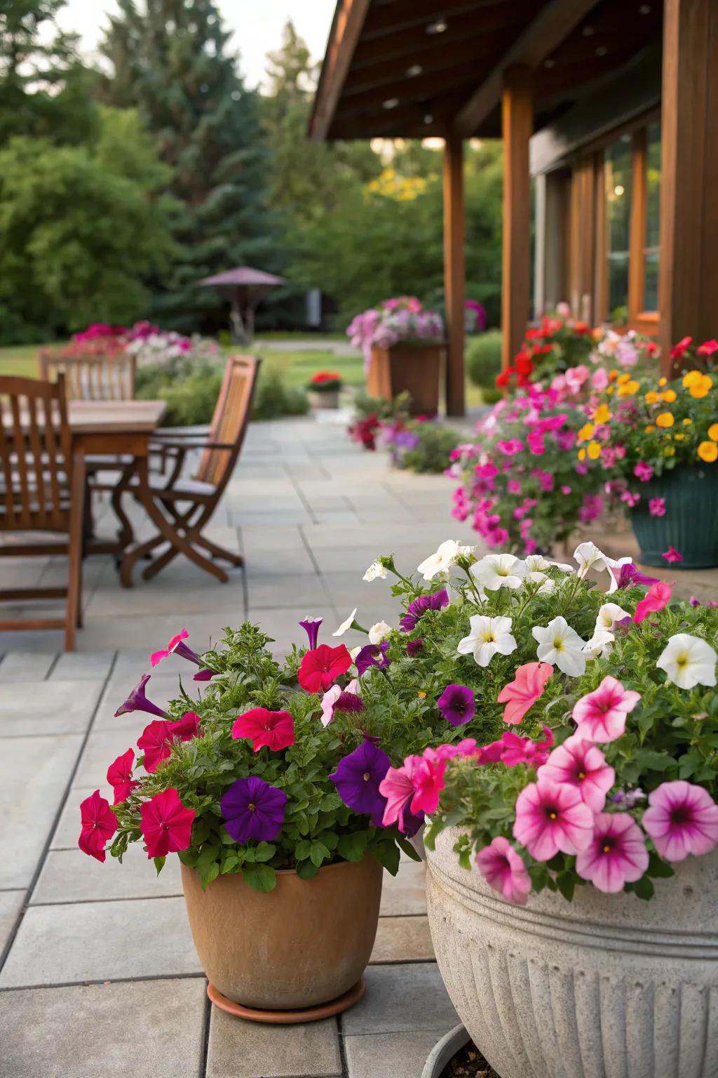 Add a pop of color to your patio with vibrant petunias.