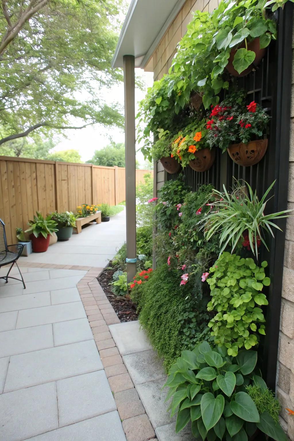 A vertical plant wall adds lush greenery without taking up floor space.