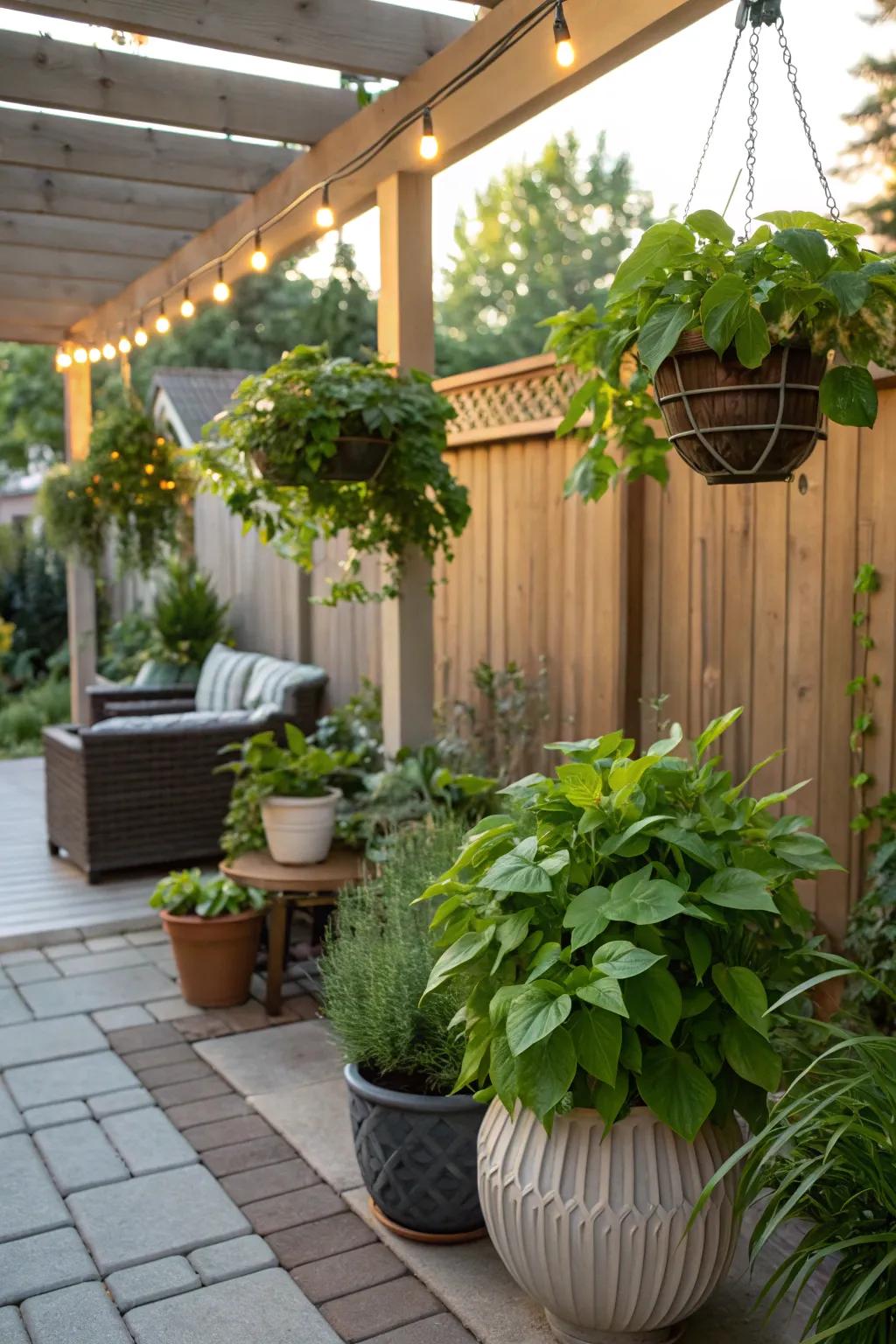 Lush foliage making the patio feel vibrant and welcoming.