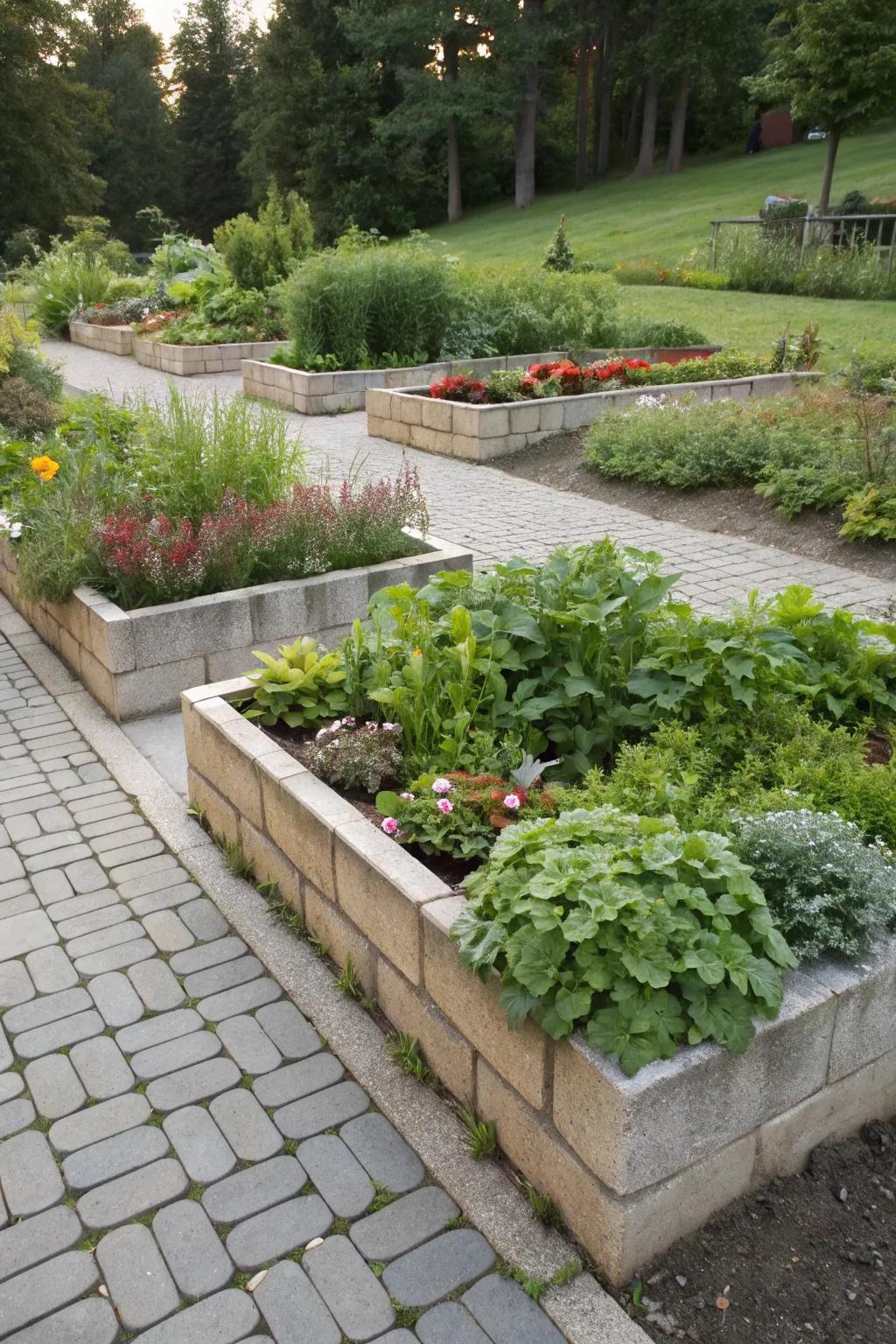 Elevated paver flower beds inject dimension into your garden's blueprint.