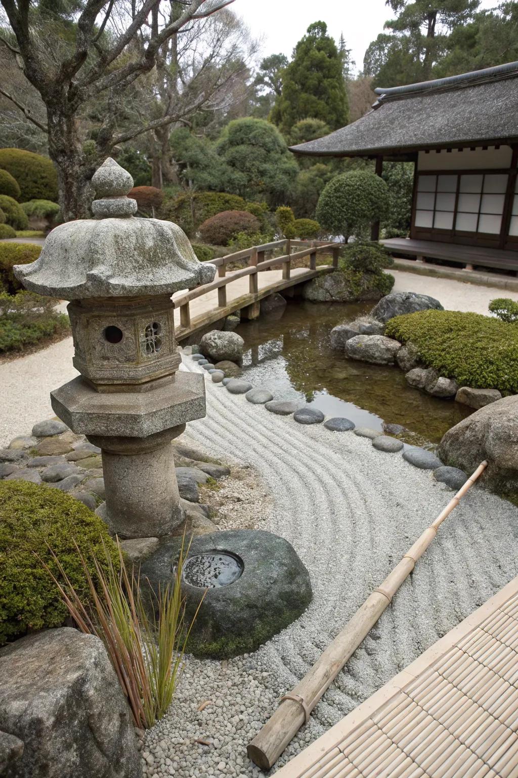 A Japanese Zen garden element adds balance and peace.