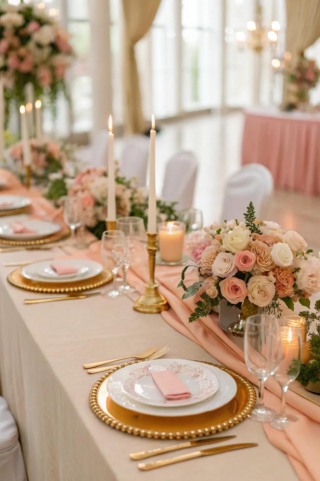 Opulent peach and gilded table decor for a touch of allure.