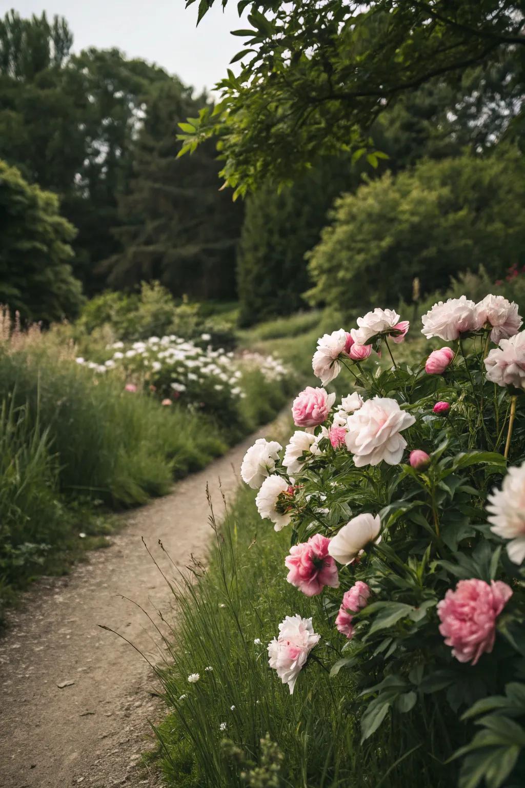 Peonies accentuate a scenic garden path with their inherent grace.