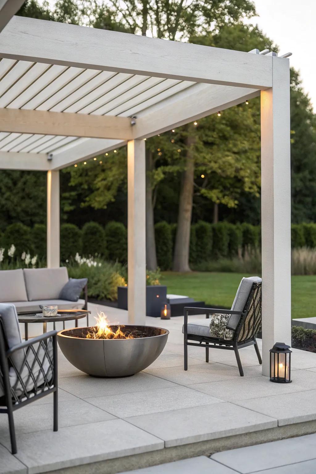 Simplicity meets style with a modern minimalist pergola fire pit.