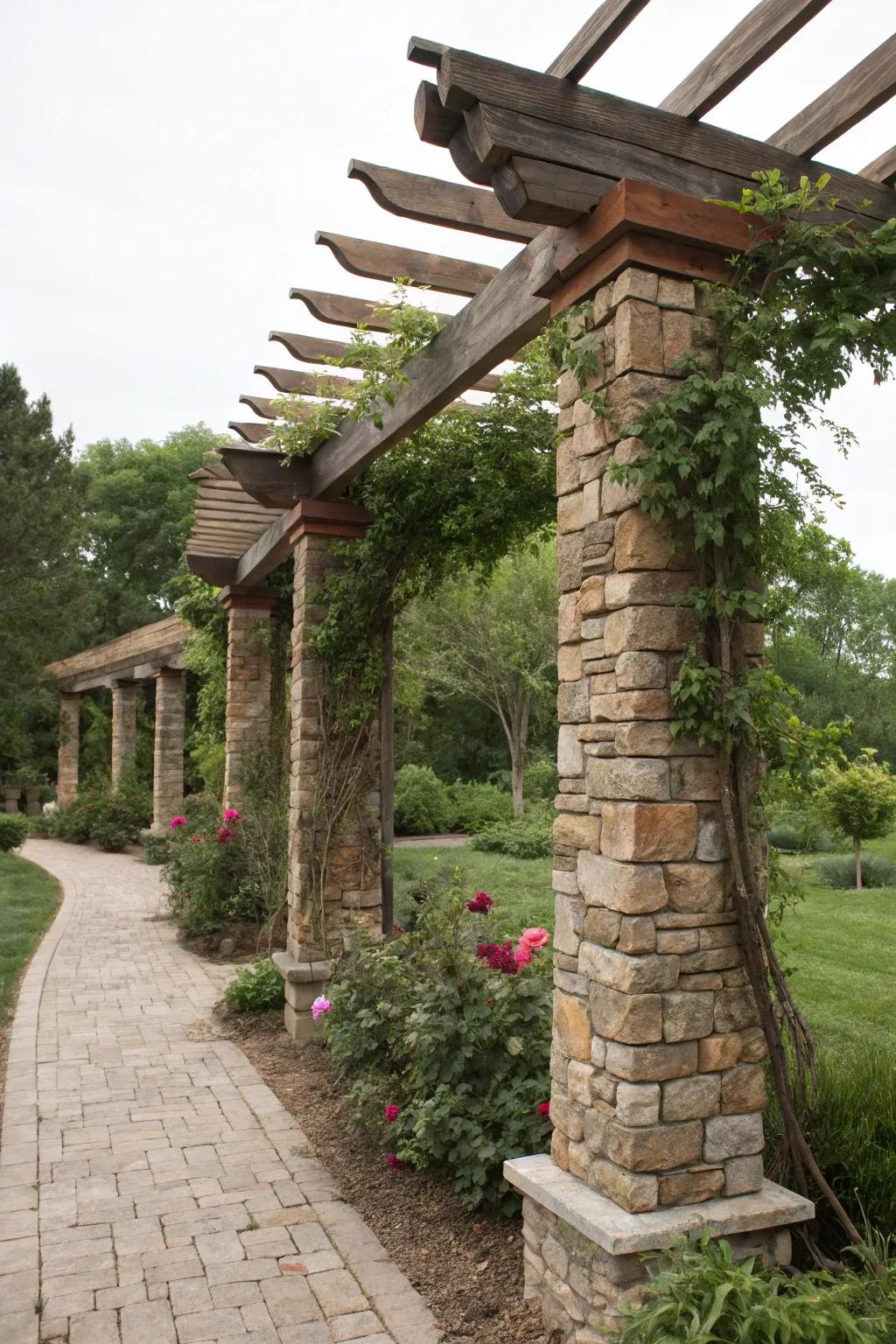 Stone veneer adds a rustic touch to pergola posts.