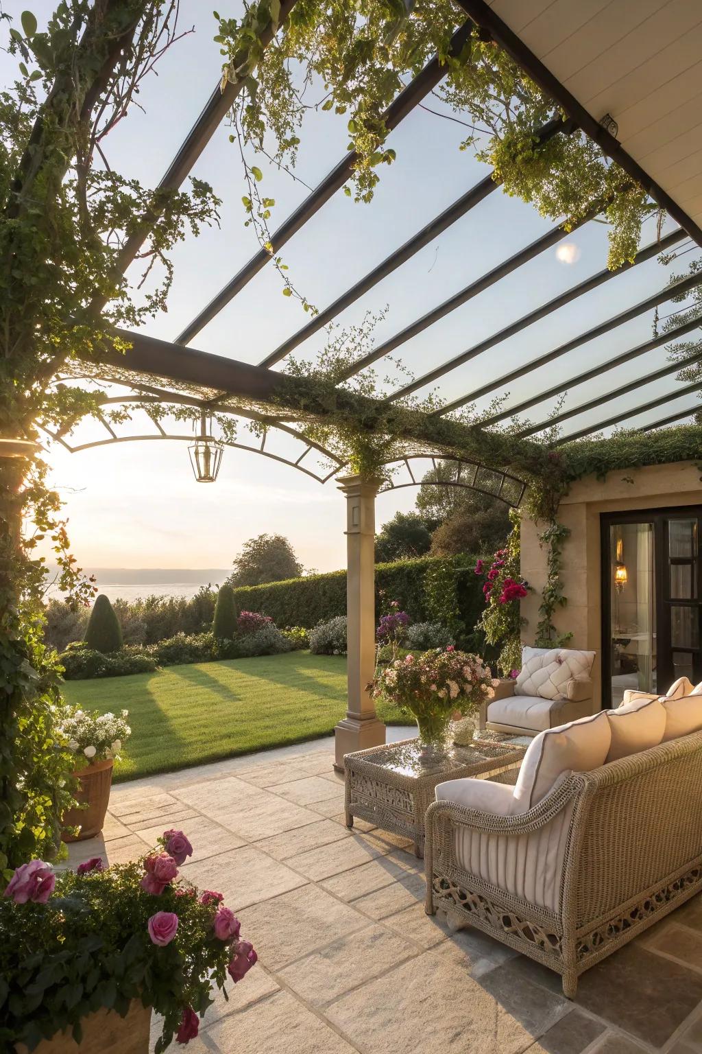 Enjoy natural light with a glass pergola roof.