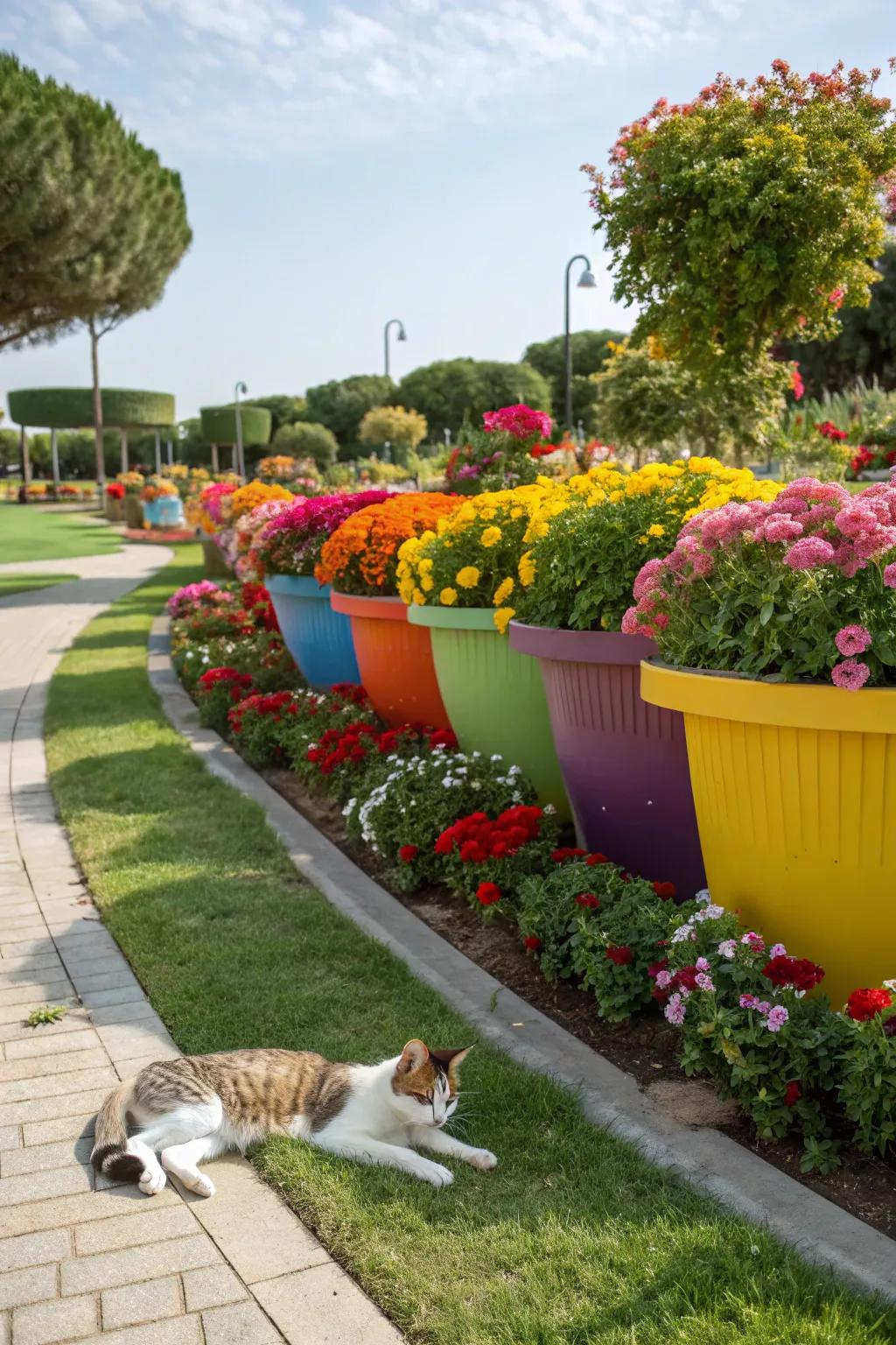 Decorative planters filled with pet-safe flowers enhance the garden's aesthetics.