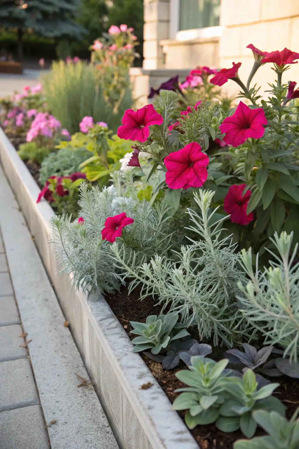 A harmonious garden aesthetic is achieved as delicate euphorbia balances bold petunias.