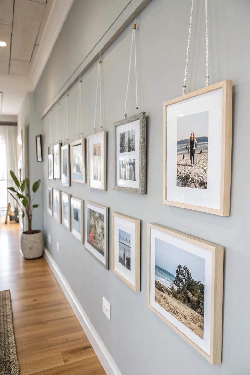 Levitating frames introduce a contemporary and sophisticated atmosphere to this photograph arrangement.