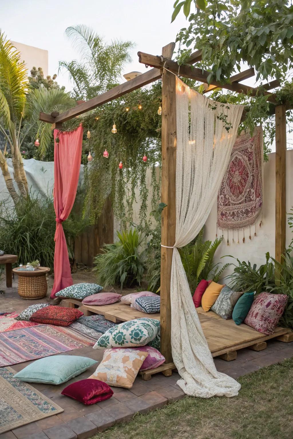 A bohemian outdoor setting with cushions and draped fabrics.