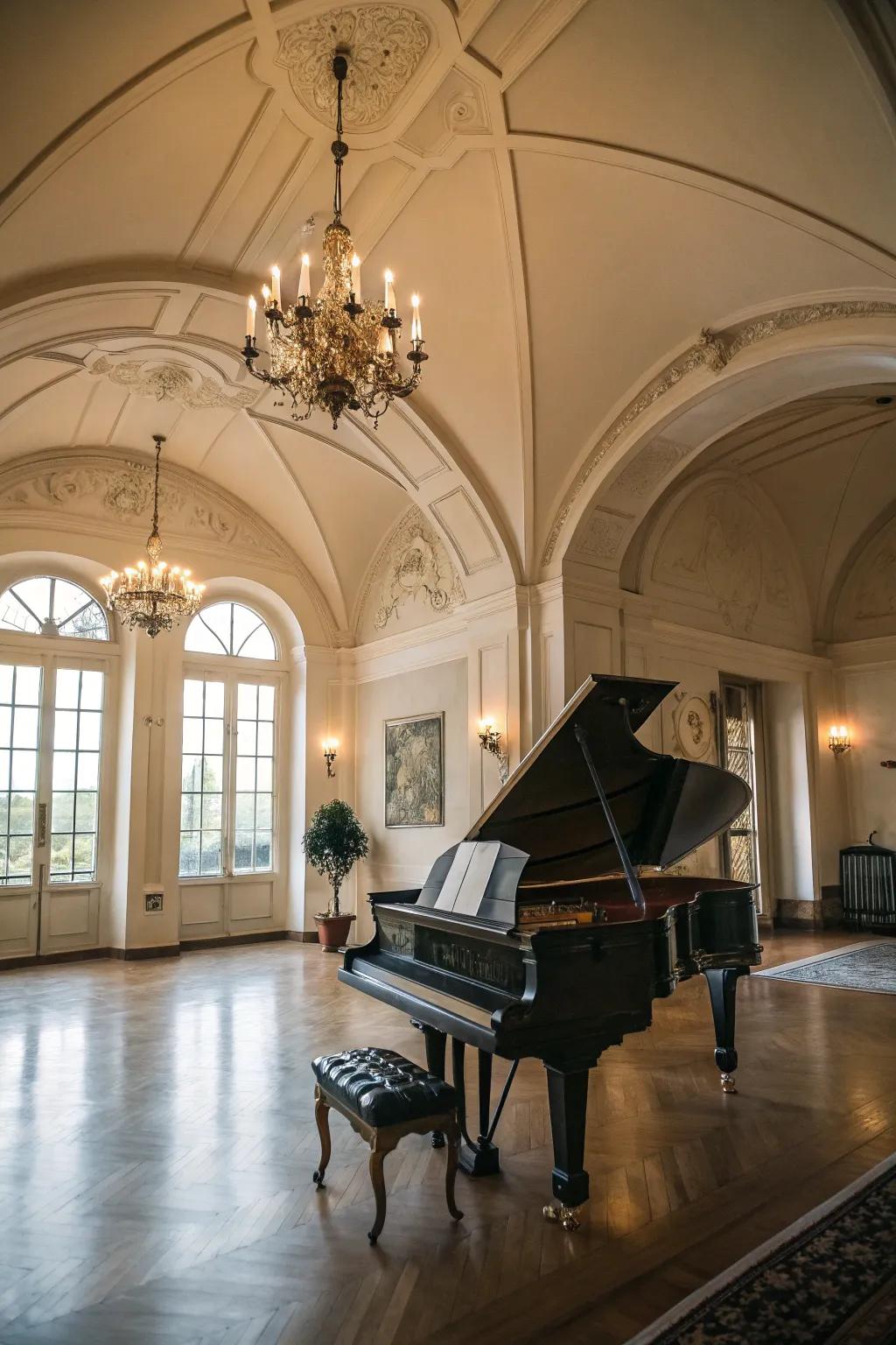 Elevated ceilings contribute to the grandeur and amplify acoustics in the piano space.