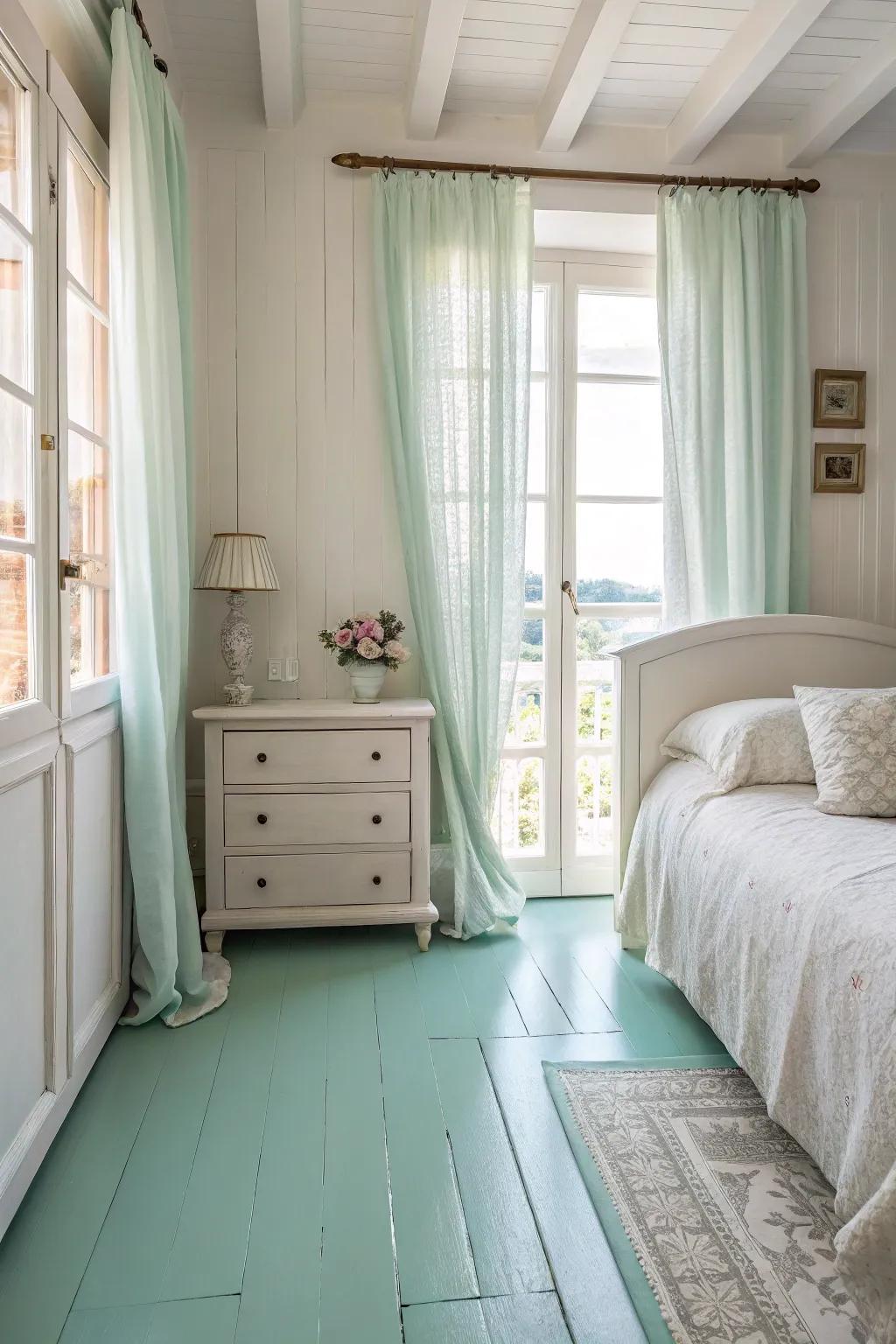 Pastel floors fashion a soothing and inviting sanctuary.
