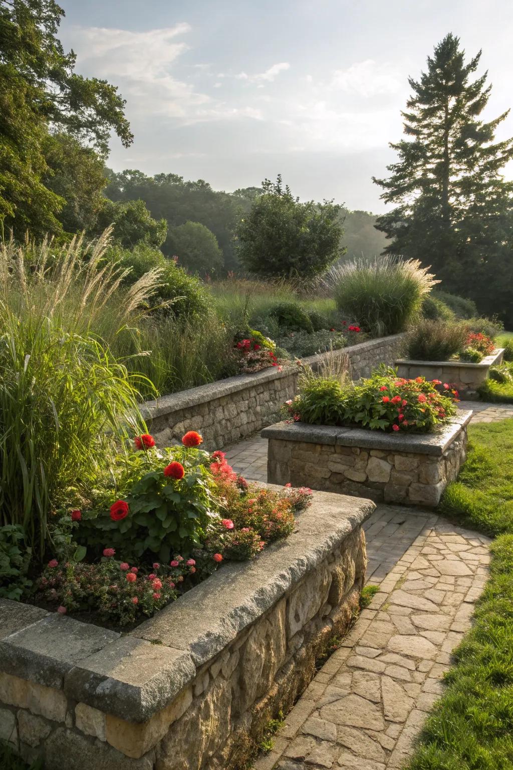 Create a peaceful retreat with elegant stone raised flower beds.