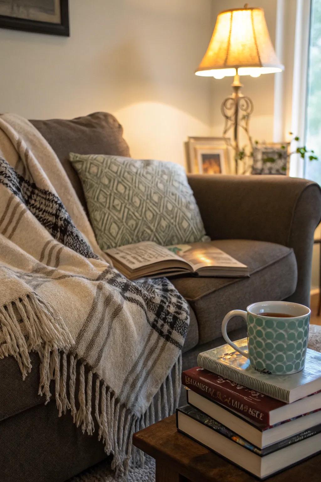 An inviting nook of a sofa with a wrap flowing onto the seating area.