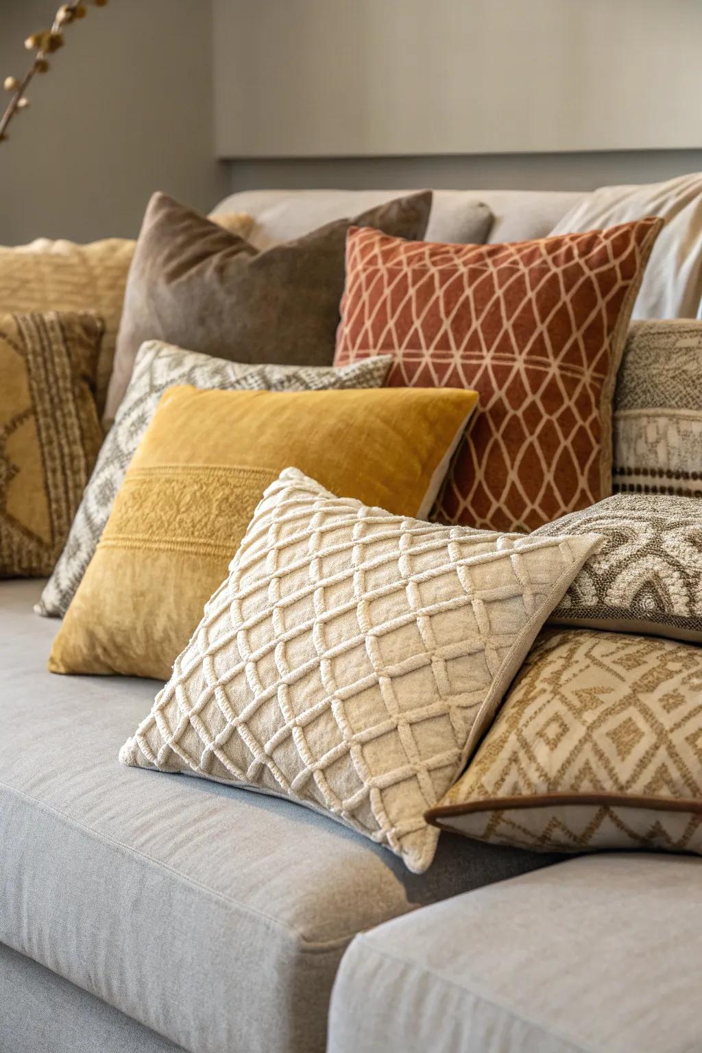 Cushions layered in various sizes, creating a dynamic effect.