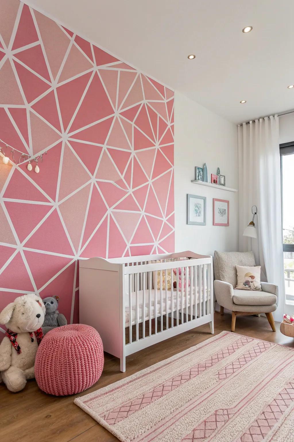 A chic nursery with a symmetrical rose focal wall that captures attention.