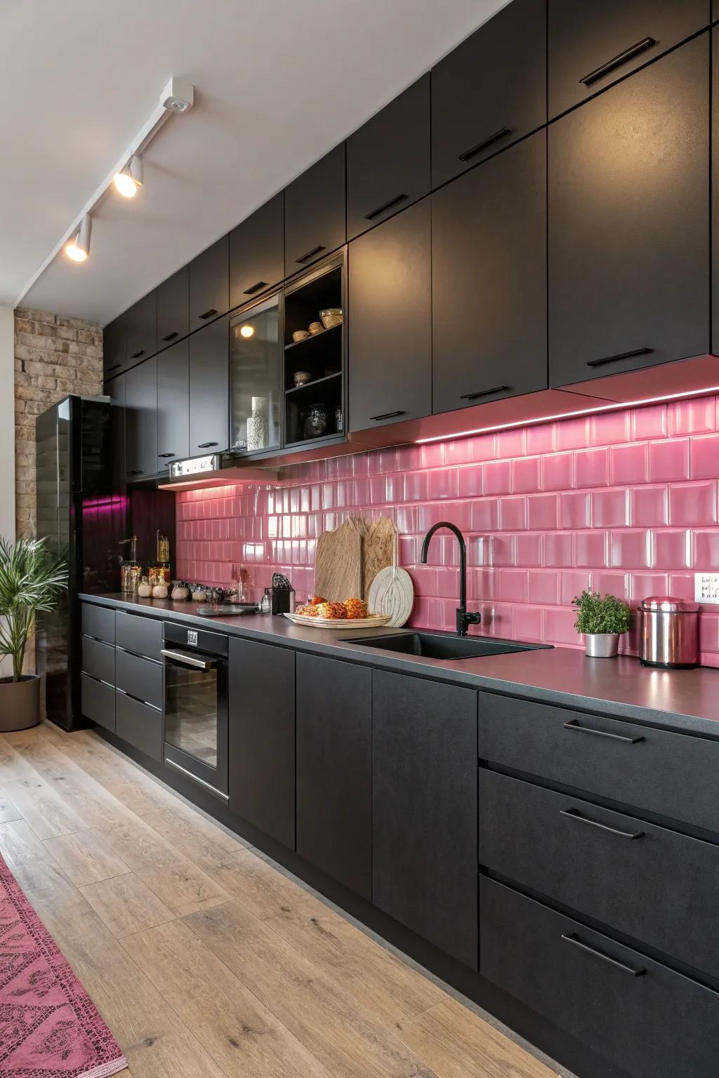 The interplay between matte and shiny layers elevates the cooking area’s artistic quality.