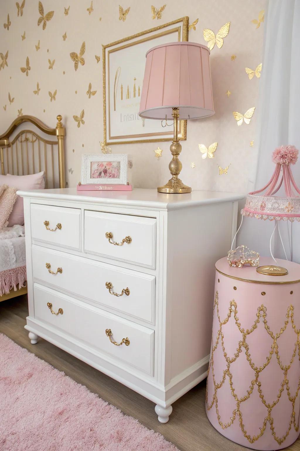 White furniture enhances the vivid pink and gold shades.