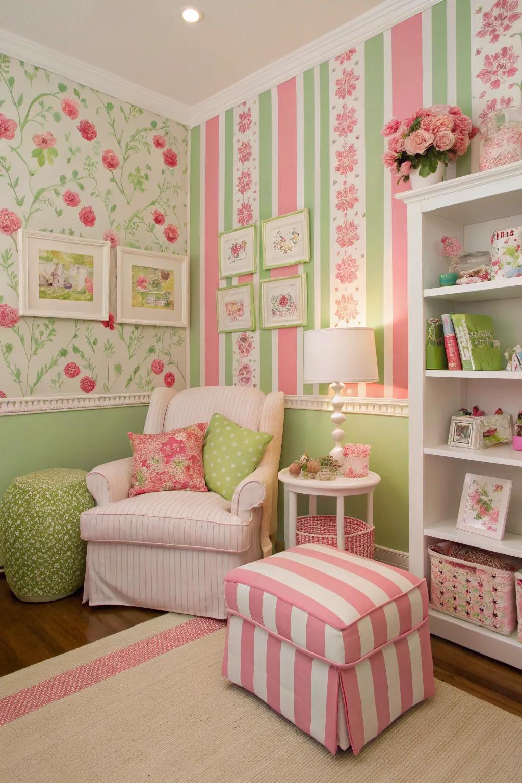 Whimsical mix of patterns in pink and green for a playful room decor.