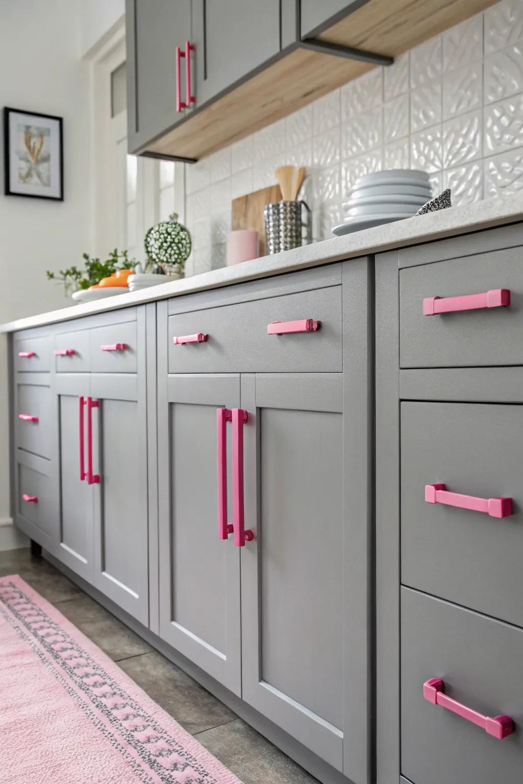 Grey units with rose-tinted hardware for a lively spin.