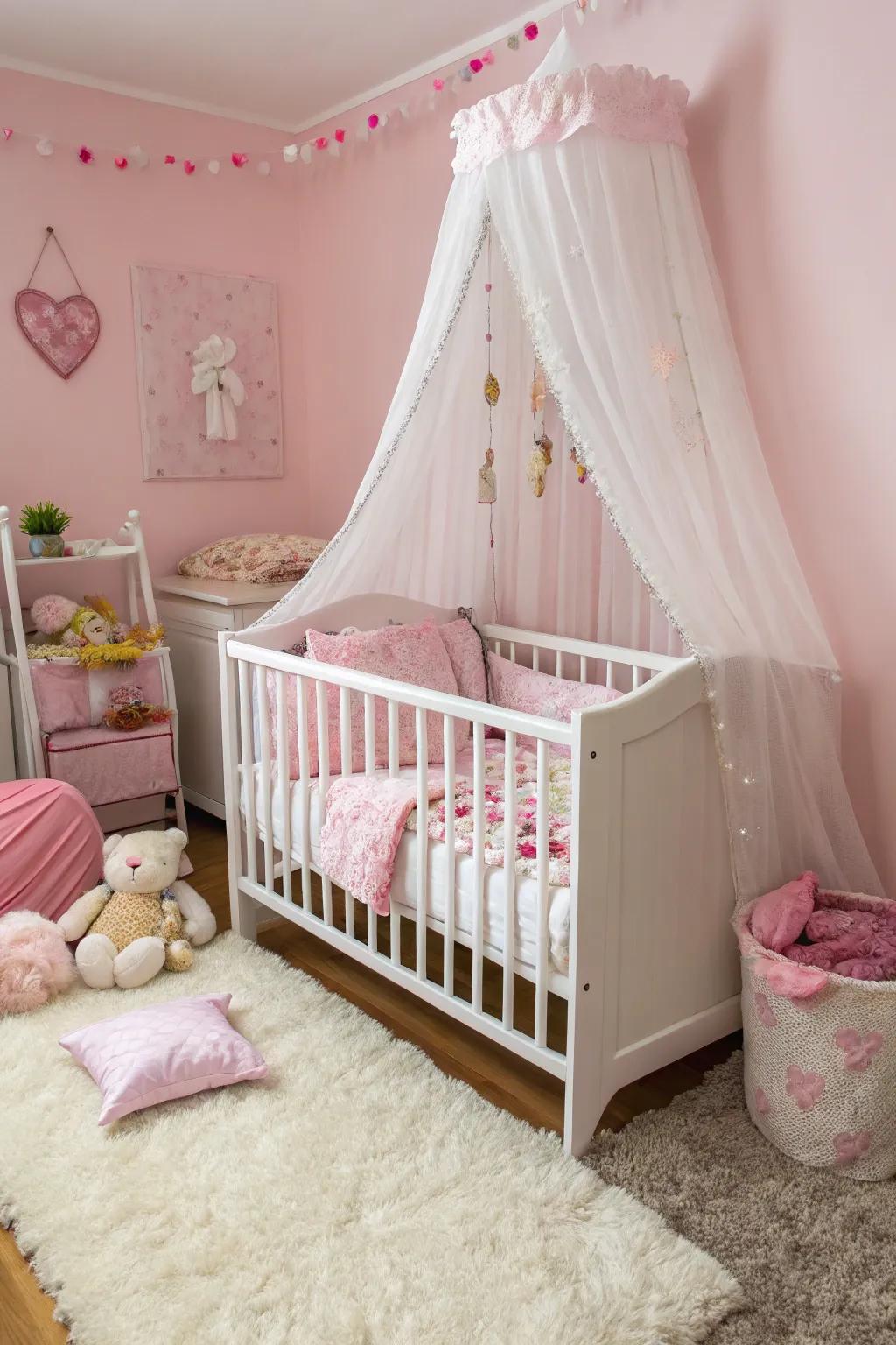 A white crib stands as a timeless centerpiece in the nursery.