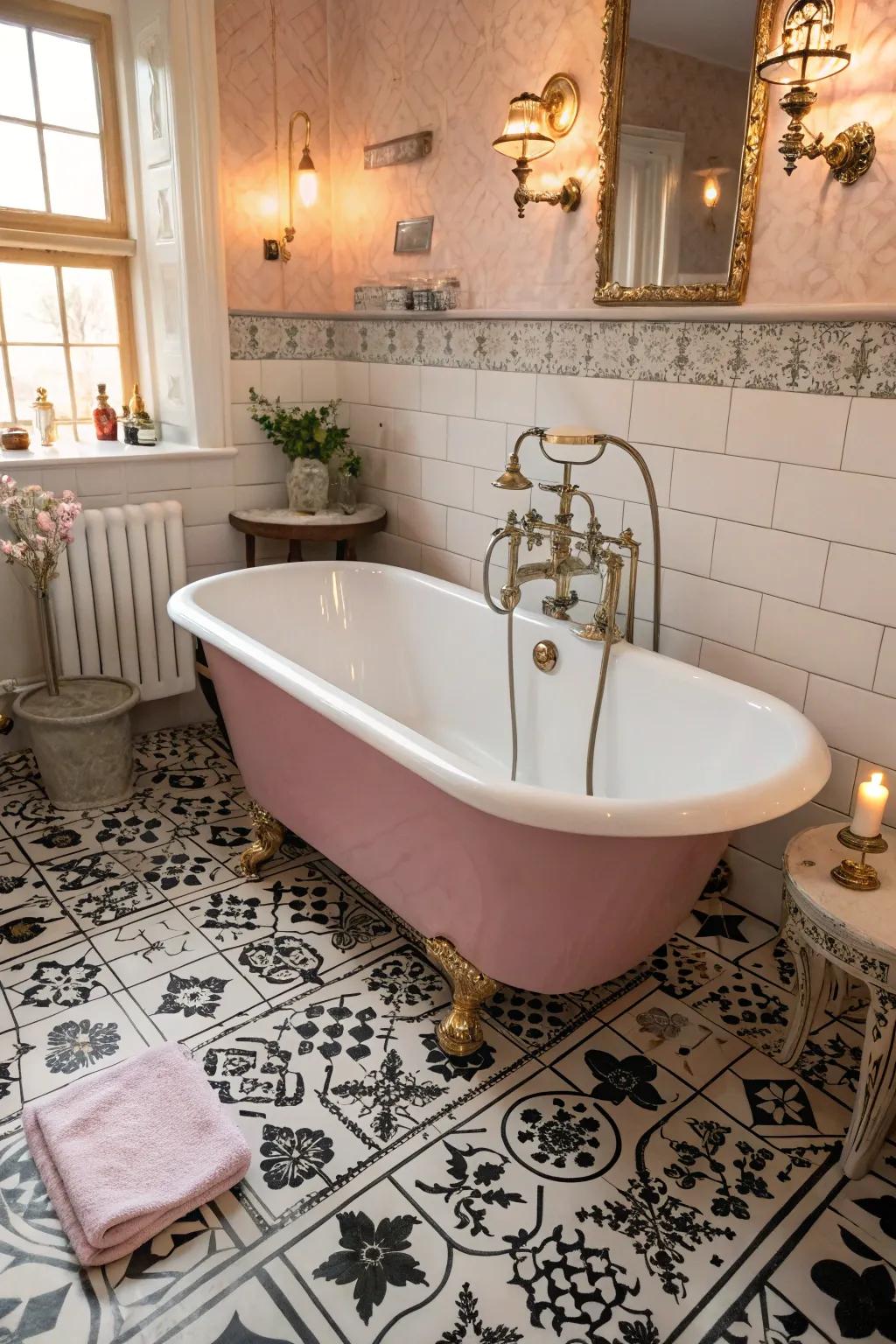 A rose clawfoot tub emanates vintage appeal.