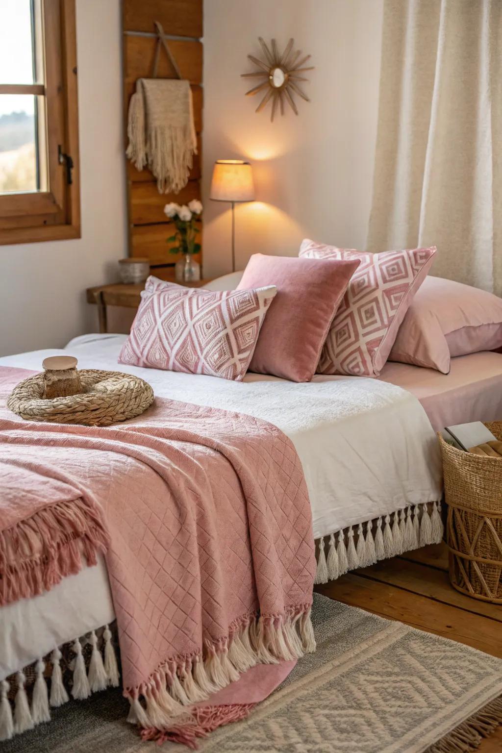 Soft rose-tinted textiles contribute to the cozy and welcoming atmosphere of this bedroom.