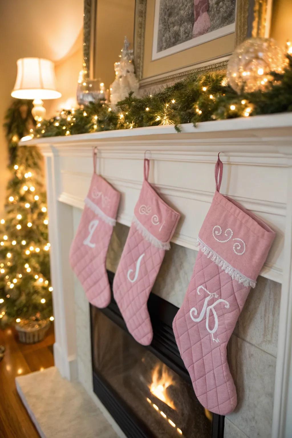 Joyful personalized pink stockings on the mantle.