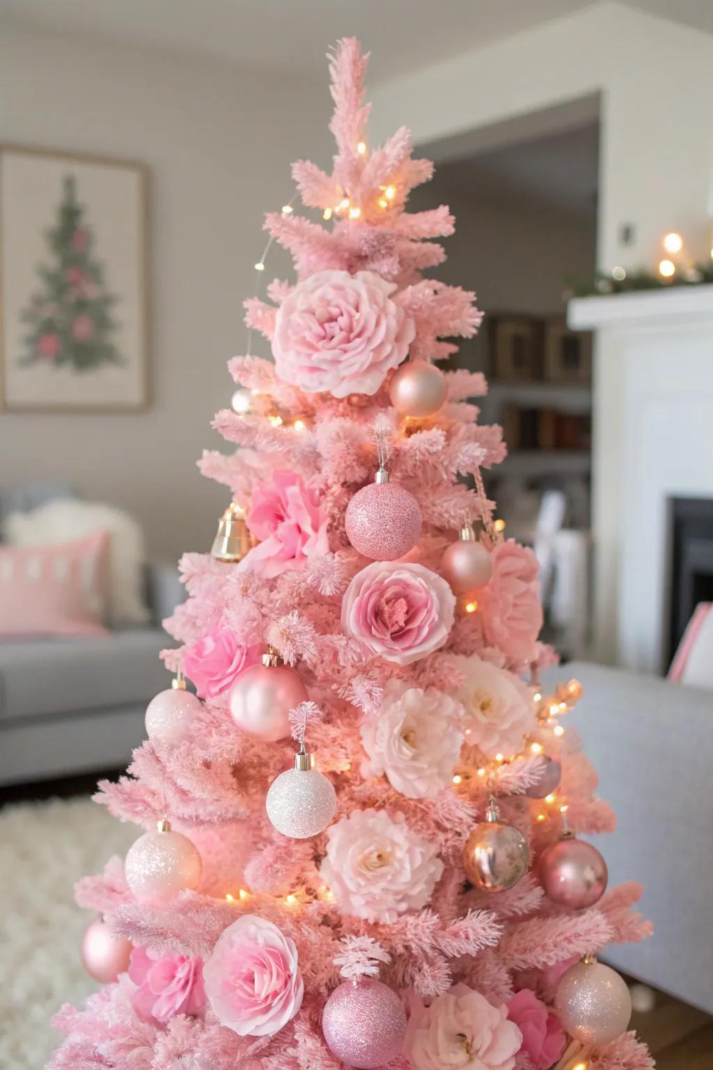 Botanical spheres transform this pink tree into an enchanted garden.