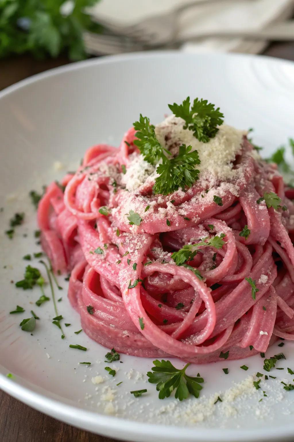 Pink pasta carbonara is a creative and colorful take on a traditional dish.