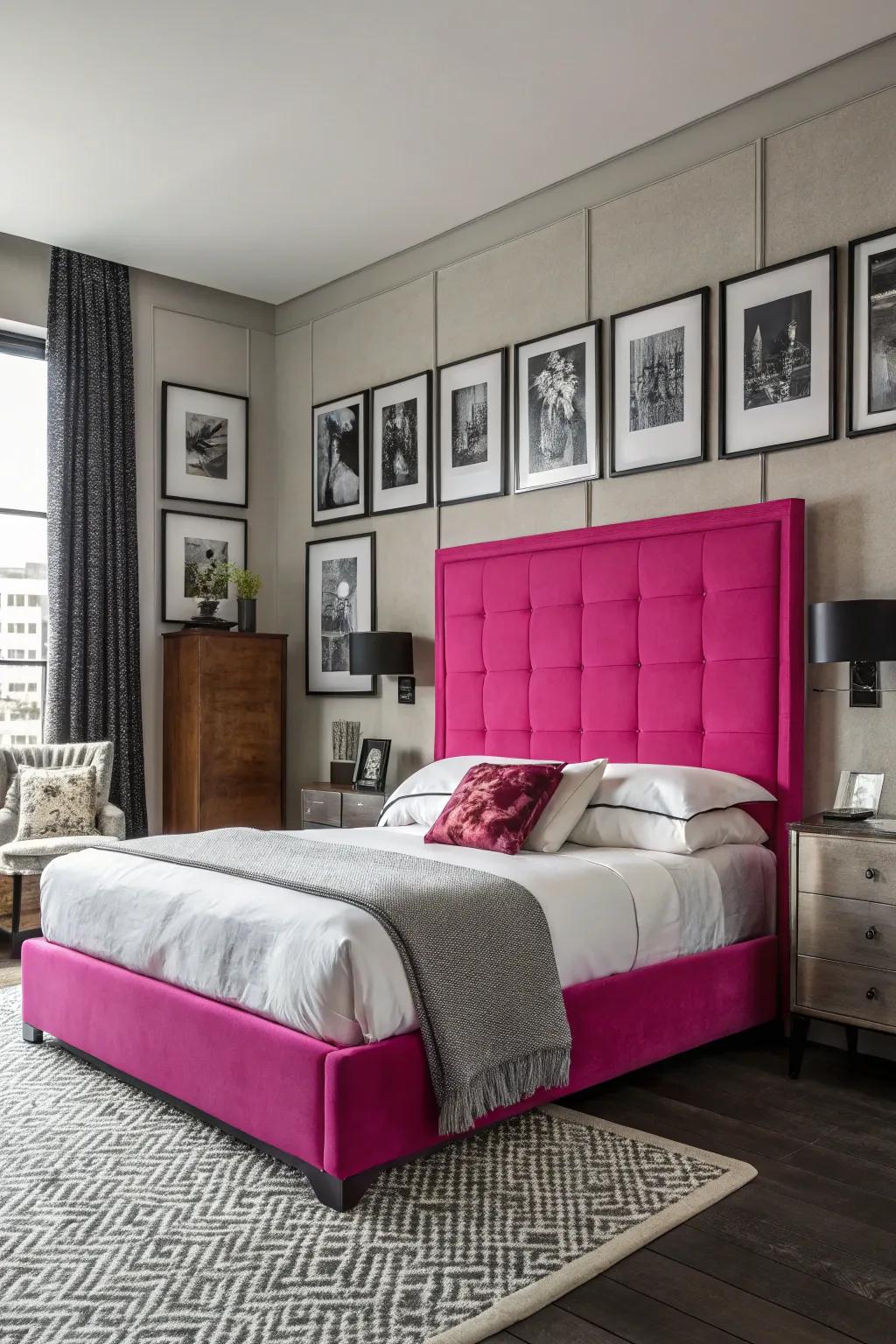 An exciting and vivid bedroom featuring a striking rose bed panel as its core focus.