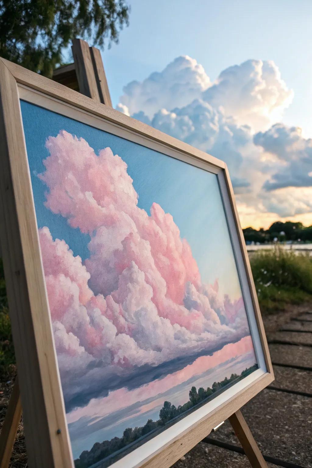 Playful artpiece of airy, roseate cloud puffs.