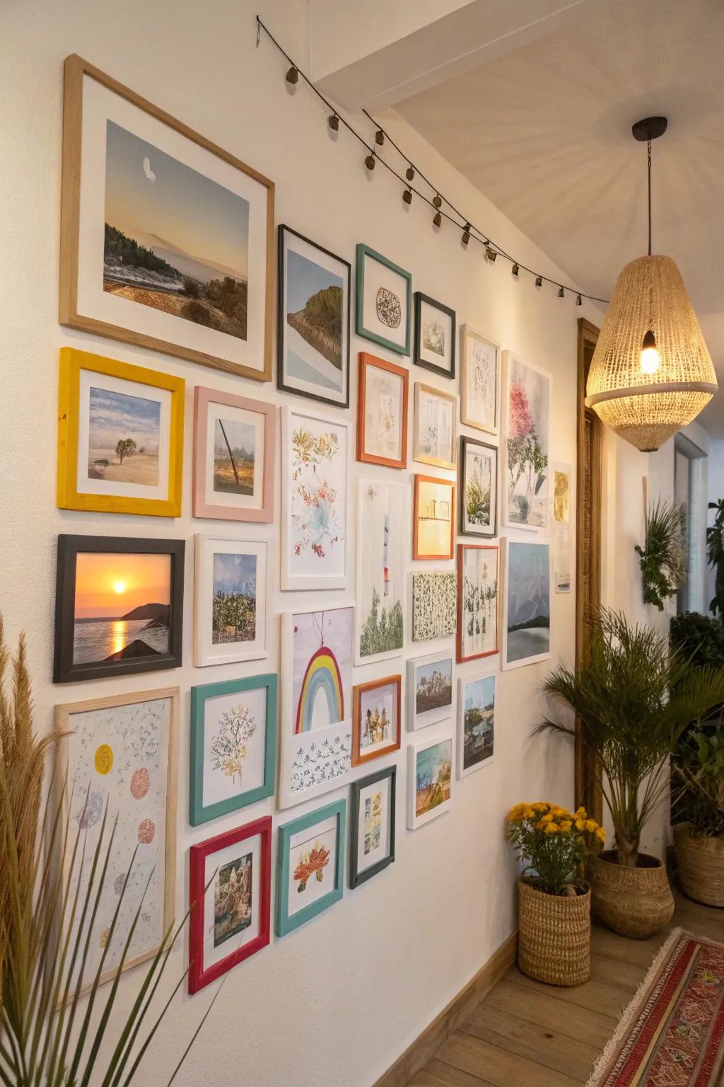 A personalized multi image print with photos and artwork on a gallery wall.