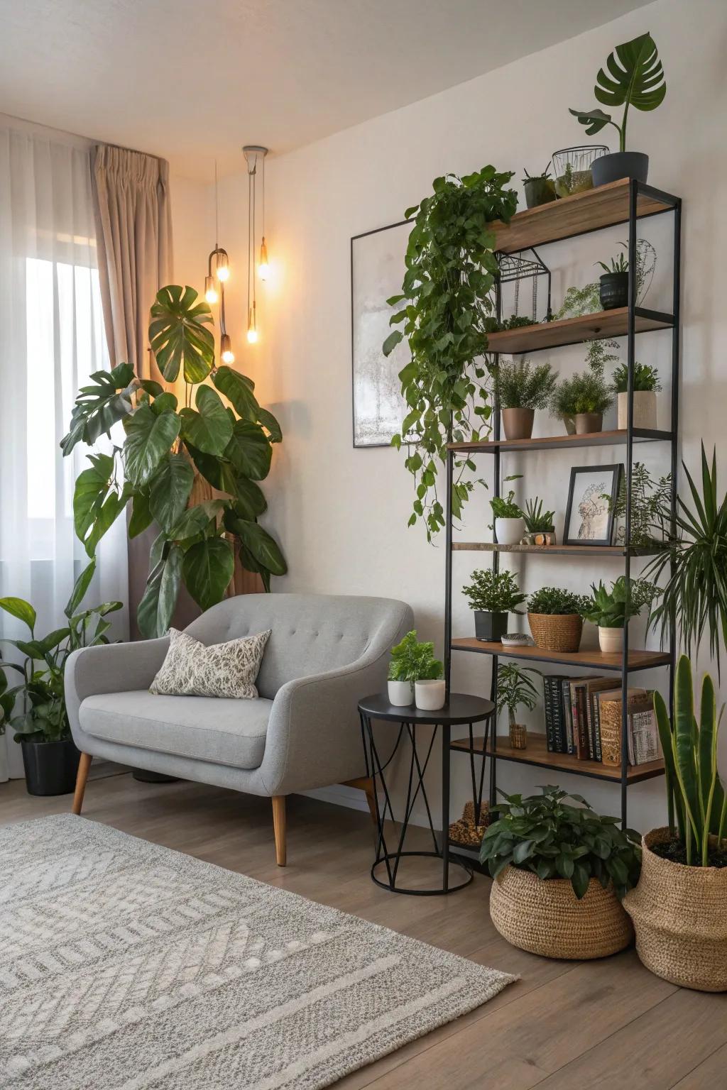 With chic plant displays, improve your living room.