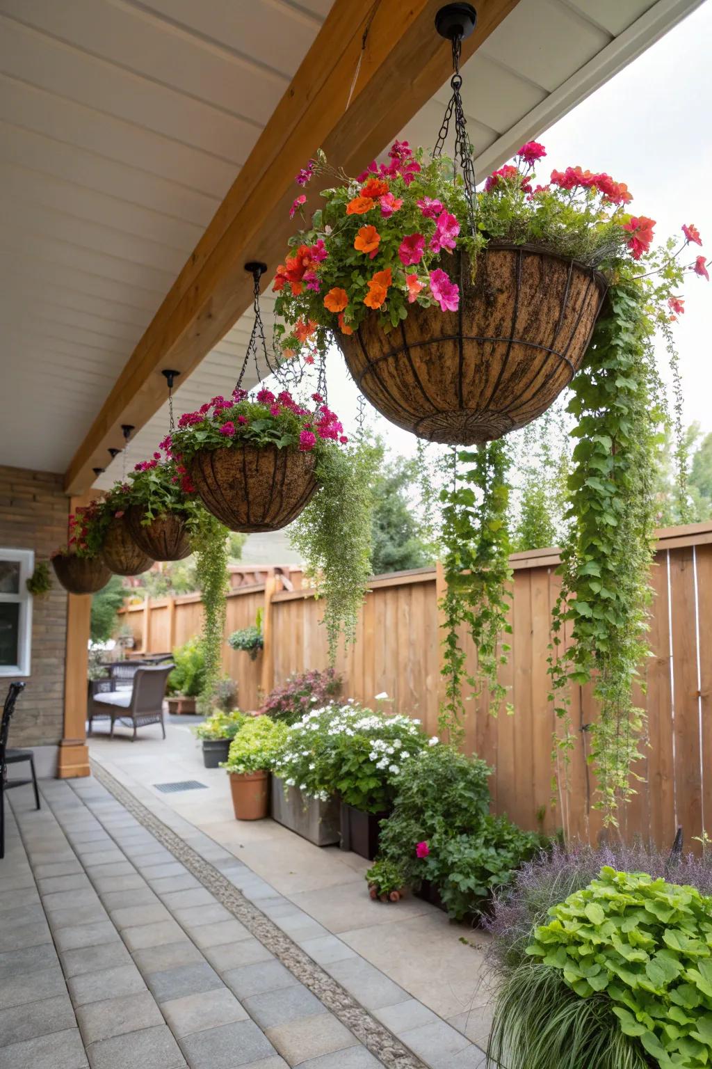 Enhance your patio with suspended floral baskets.