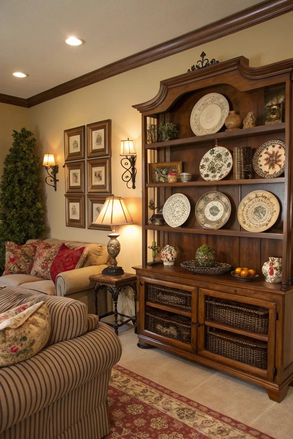 A flexible living space featuring ornate racks and display ledges